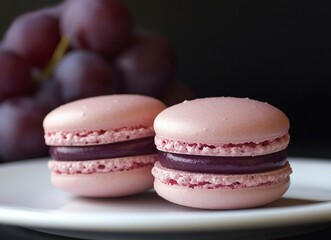 Delicious Grape Macarons on Plate with Fruit Filling Close Up