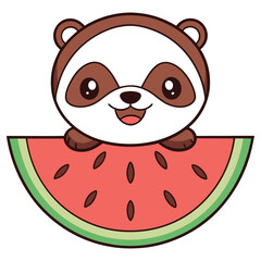 Cute Cartoon Panda Holding Big Slice Watermelon, Isolated On White Background