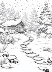 Cozy cabin in a winter wonderland serene black and white illustration of snowy tranquility
