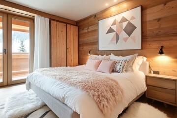 Luxurious bedroom with wooden walls, large bed, and balcony access.