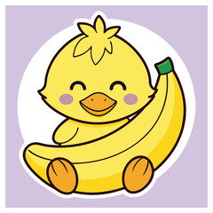 Cartoon Yellow Chick Character Hugging Large Banana Fruit on a Light Purple Background