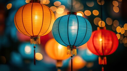 These vibrant festive Chinese lanterns in various colors hang against a soft blue background, creating a joyful atmosphere