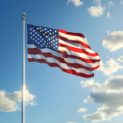 Obraz premium United States Flag Waving Proudly Against a Bright Blue Cloudy Sky