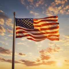 American Flag Waving Proudly Against Golden Sunset Sky Background