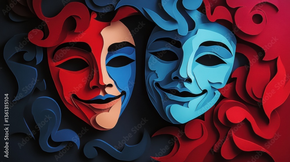 Poster stunning paper cut illustration of comedy and tragedy masks with layered shadows and dramatic lighti