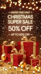 Festive Christmas Super Sale background with red and gold holiday theme featuring glowing fairy lights, elegant gift boxes golden ribbons, and bold 50 percent off discount sign for holiday promotions