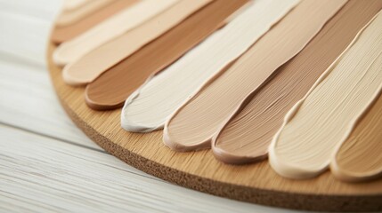 Close-Up of Smooth Matte Foundation Shades on Ceramic Palette for Makeup Application