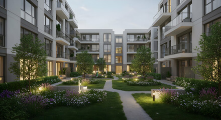 Modern Residential Courtyard With Garden And Lighting