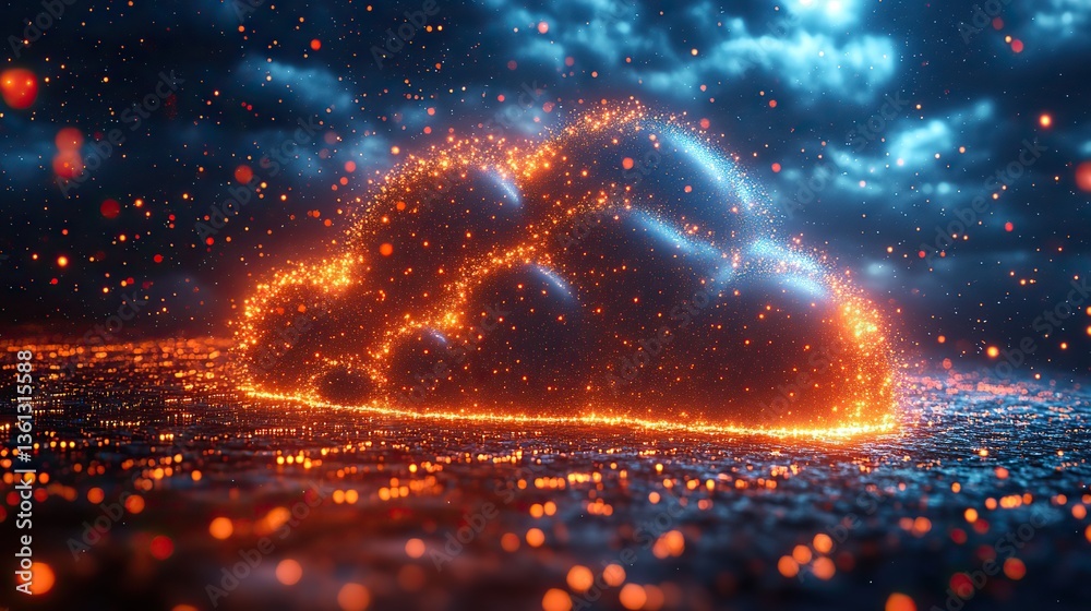 Wall mural this image depicts a vibrant digital cloud with data streams flowing in and out, illuminated by brig