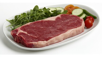 Fresh Raw Ribeye Steak with Garden Fresh Vegetables and Aromatic Herbs on a White Plate Ready for Cooking