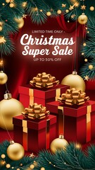 Festive Christmas Super Sale background with red and gold holiday theme featuring glowing fairy lights, elegant gift boxes golden ribbons, and bold 50 percent off discount sign for holiday promotions