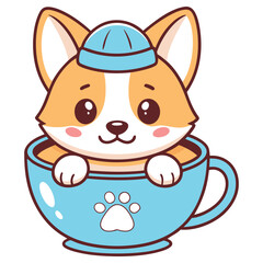 Cartoon Corgi Dog in Blue Cup, Cute Puppy with Paw Print, Kawaii Pet, Lovely Animal