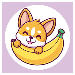 Joyful Corgi Dog Embracing a Large Banana Cartoon On Light Purple Background