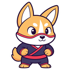 Cartoon Shiba Inu Dog Wearing Ninja Costume with Red Accents Isolated on White