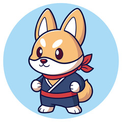 Shiba Inu Dog Cartoon Wearing Ninja Costume, Red Headband, Isolated on Blue Circle