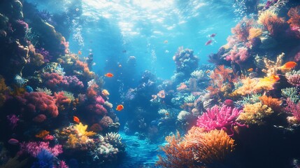Naklejka premium Vibrant Coral Reef Ecosystem Flourishing Beneath Glistening Ocean Surface