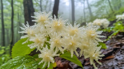 Dew-Kissed Forest Flowers A Close-Up of Pale Yellow Blooms in Misty Woods