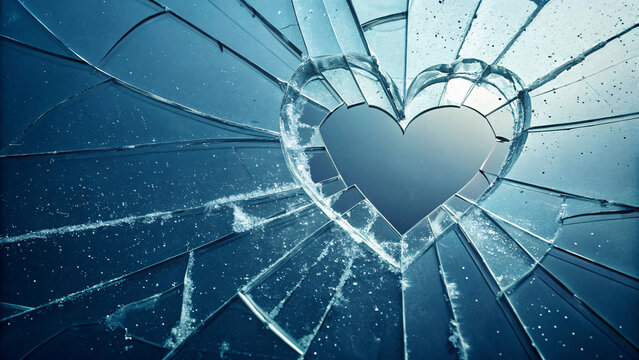 Broken glass heart concept, heartbreak and emotional pain symbol.