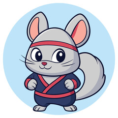 Cartoon Gray Chinchilla Wearing a Blue and Red Kimono Outfit on Light Blue Circle