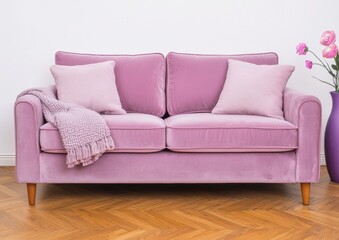 Cozy Pink Sofa with Cushions and Throw Blanket in Modern Setting