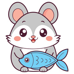Charming Cartoon Hamster Holding Blue Fish Character Isolated on a White Background