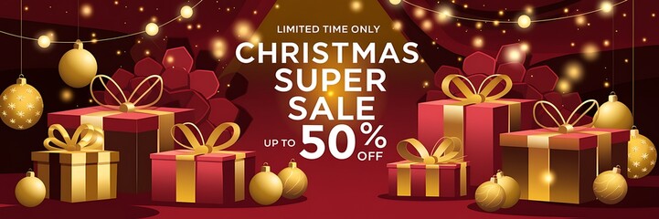 Festive Christmas Super Sale background with red and gold holiday theme featuring glowing fairy lights, elegant gift boxes golden ribbons, and bold 50 percent off discount sign for holiday promotions