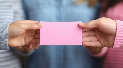 Obraz premium Hands Sharing Pink Card Note in a Casual Setting Among Friends, Symbolizing Connection, Communication, and Personal Expression
