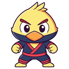 Cartoon Yellow Bird Character, Frowning, Wearing Black Ninja Costume with Red Belt
