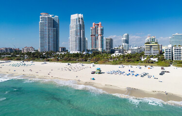 Miami beach cityscape. Miami summer aerial view. Miami Beach shoreline. South Beach Miami aerial...
