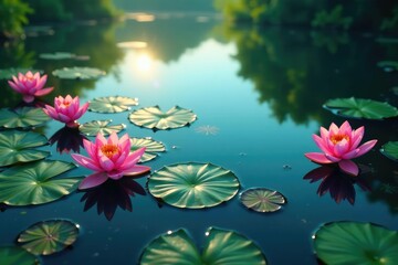 Water lilies and lotus blossoms form a vibrant pattern on a serene lake's surface , image, elegant