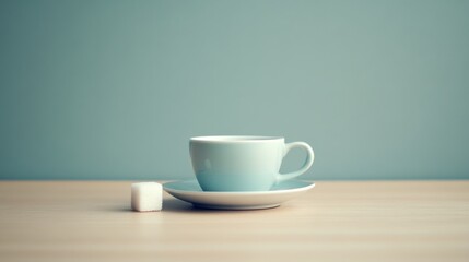 Fototapeta premium Simple Coffee Cup on Wooden Table with Sugar Cube Against Soft Blue Wall in Calm and Minimalist Setting