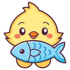 Cartoon Yellow Chick with Blue Fish, Cute Design, Playful, Colorful, Isolated