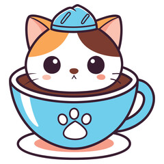 Cartoon Cat with Hat in a Cup, Calico Pattern, Paw Print, Kawaii Style, Isolated