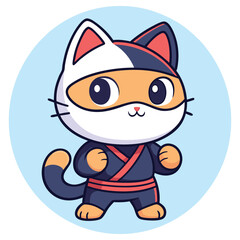 Cartoon Cat Ninja With Mask And Blue Background, Animal Character Art