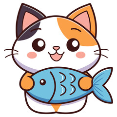 Cartoon Calico Cat with Big Eyes Holding Fish, Pet Animal Icon, Cute Kawaii Character