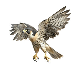 Peregrine Falcon soaring with fully extended wings isolated on a white or transparent background.