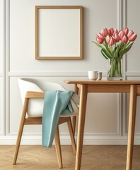 Elegant Living Room with Fresh Tulips and Cozy Chair Setting