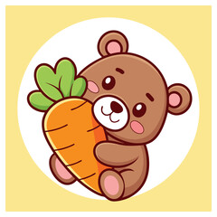 Adorable Teddy Bear Cartoon Character Hugging Orange Carrot, White Background, Round