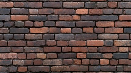 Obraz premium Close-up view of a rustic brick wall with varying shades of red, brown, and dark bricks, showing texture and pattern.