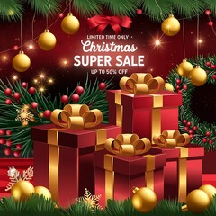 Festive Christmas Super Sale background with red and gold holiday theme featuring glowing fairy lights, elegant gift boxes golden ribbons, and bold 50 percent off discount sign for holiday promotions