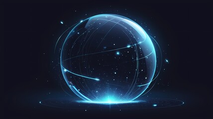 Glowing particle orbits surrounding a transparent sphere, sci-fi aesthetic