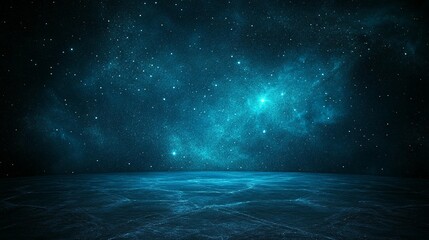 Dark blue nebula space background with glowing stars and a reflective surface.