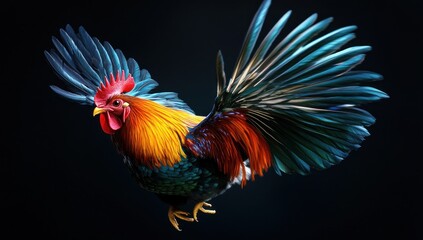 Fototapeta premium a vibrantly feathered rooster in mid-air displaying majestic plumage against a simple dark backdrop showcasing exquisite detail and vibrant colors