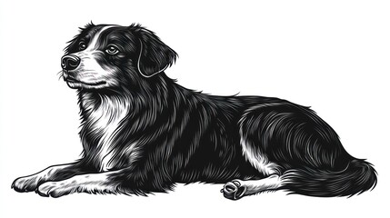 Detailed ink sketch of a resting dog, looking upward.