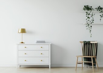 Fototapeta premium Modern Minimalist Interior with White Dresser, Lamp, and Chair