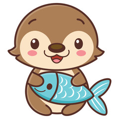 Adorable Cartoon Otter Character Holding Blue Fish Illustration, Outlined on White