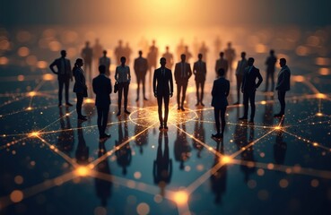Business network concept. Group of businesspeople in suits, teamwork. Technology connections between people. Digital transformation, human resources, personnel, client relationship. Global