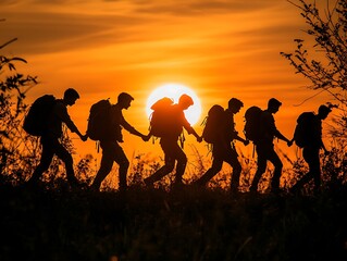 Obraz premium Silhouetted group of hikers holding hands against the sunset