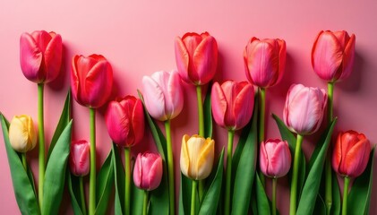 Fototapeta premium Elegant stylized tulips arranged in a grid of squares, square, bold, geometric floral