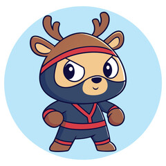 Cartoon Deer Ninja Character with Black Mask, Headband, Cute Animal, Isolated Background
